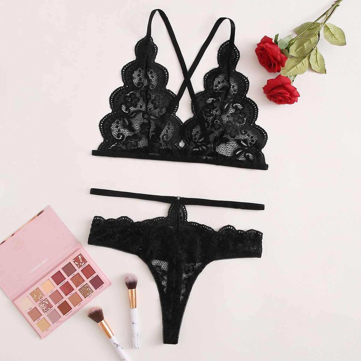 

Floral Lace Criss Cross Lingerie Set, Black