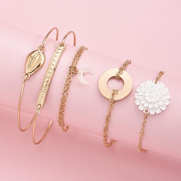 

5pcs Flower Charm Bracelet, Gold