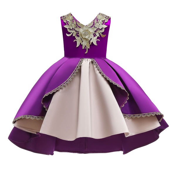 

Toddler Girls Embroidered Applique Guipure Lace Trim Gown Dress, Purple