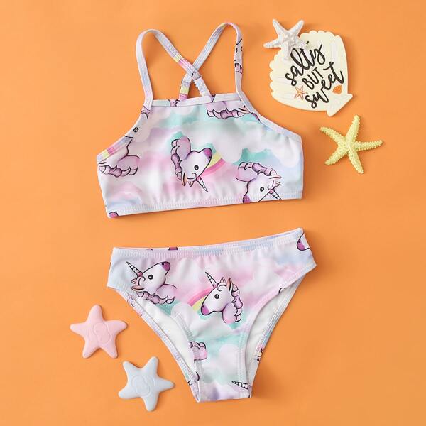 

Toddler Girls Cartoon Unicorn Bikini Swimsuit, Multicolor