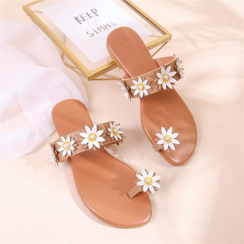 

Flower Decor Toe Loop Sliders, Brown