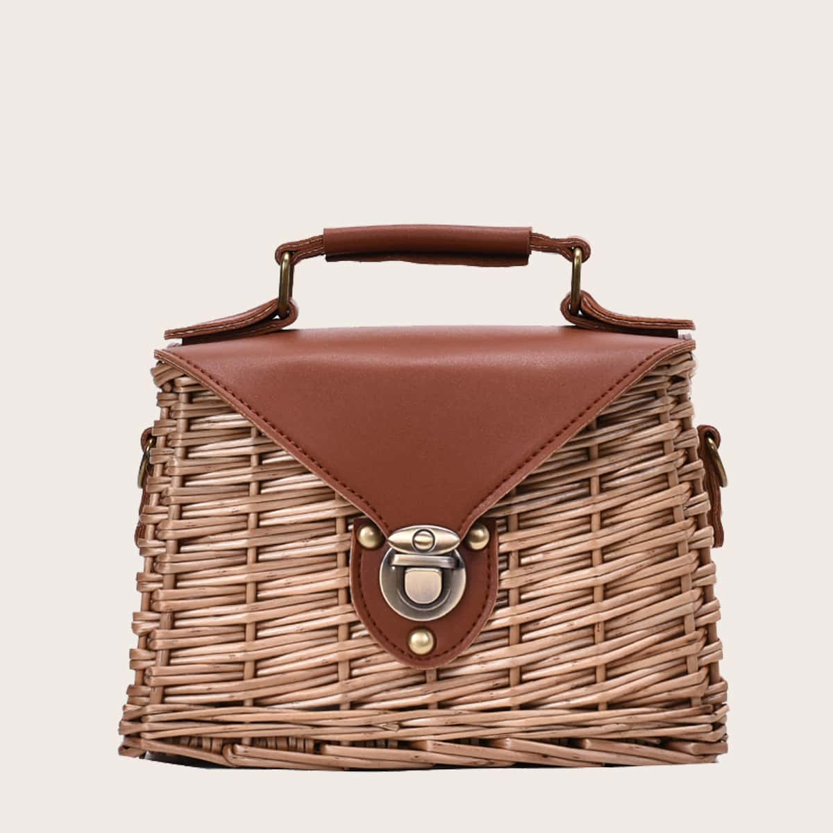 

Braided Push Lock Satchel Bag, Brown