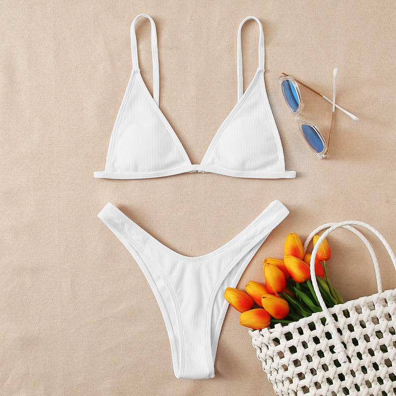 

Rib Triangle High Cut Bikini Swimsuit, White