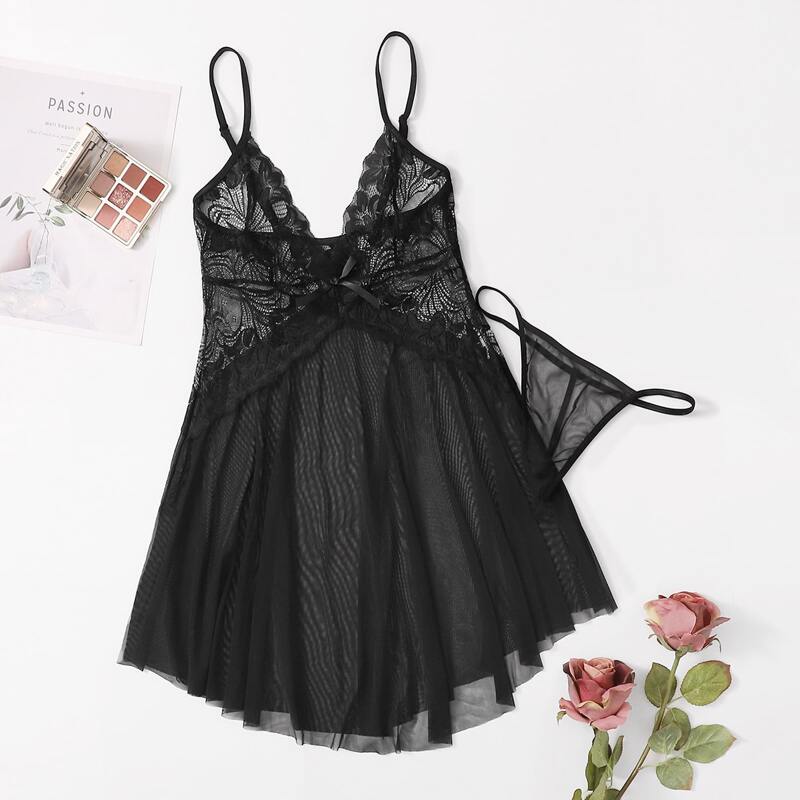 

Floral Lace Sheer Slips With Thong, Black
