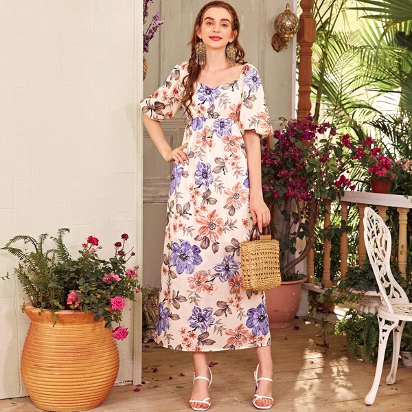 

Allover Floral Lantern Sleeve A-line Dress, Multicolor