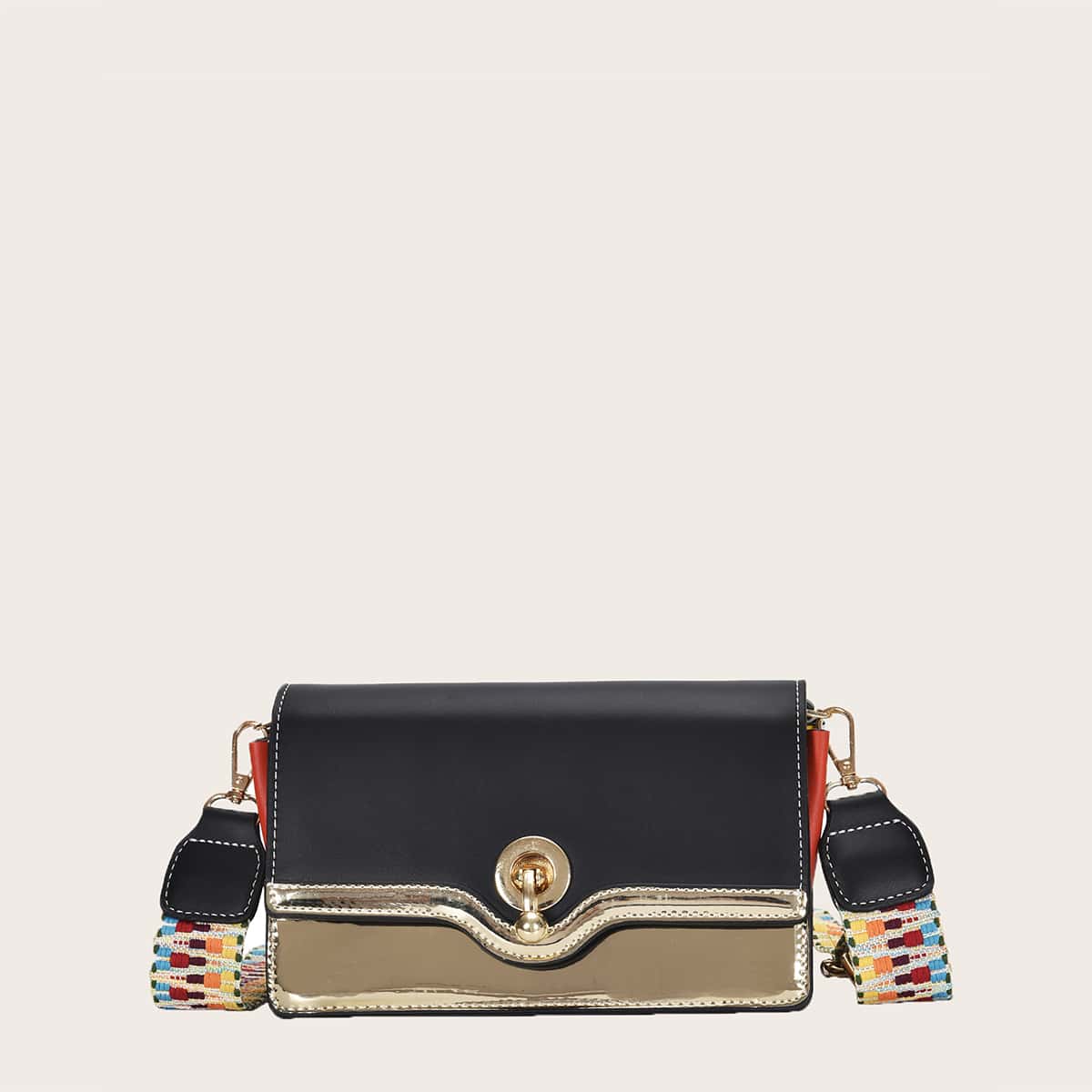 

Metallic Flap Crossbody Bag, Black