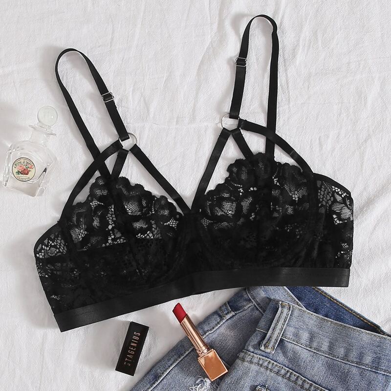 

Floral Lace Underwire Sheer Bra, Black