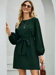 SHEIN Clasi 燈籠袖腰帶直筒連衣裙 - 綠色 - 查看 3