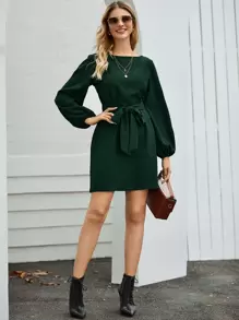 SHEIN Clasi 燈籠袖腰帶直筒連衣裙 - 綠色 - 查看 5