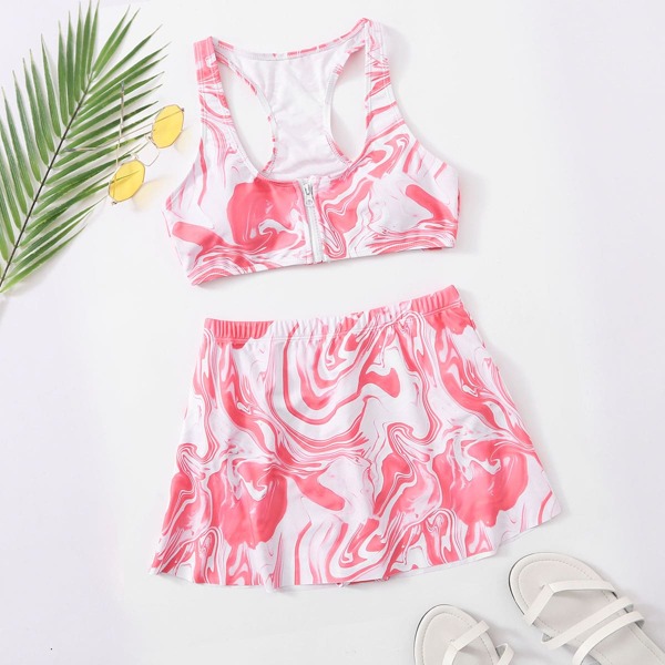 

Marble Pattern Zip Front Skort Bikini Swimsuit, Bright watermelon pink