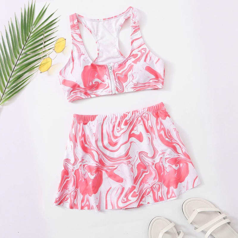 

Marble Pattern Zip Front Skort Bikini Swimsuit, Bright watermelon pink