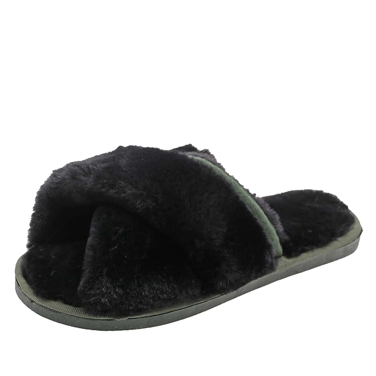 

Cross Strap Faux Fur Slippers, Black