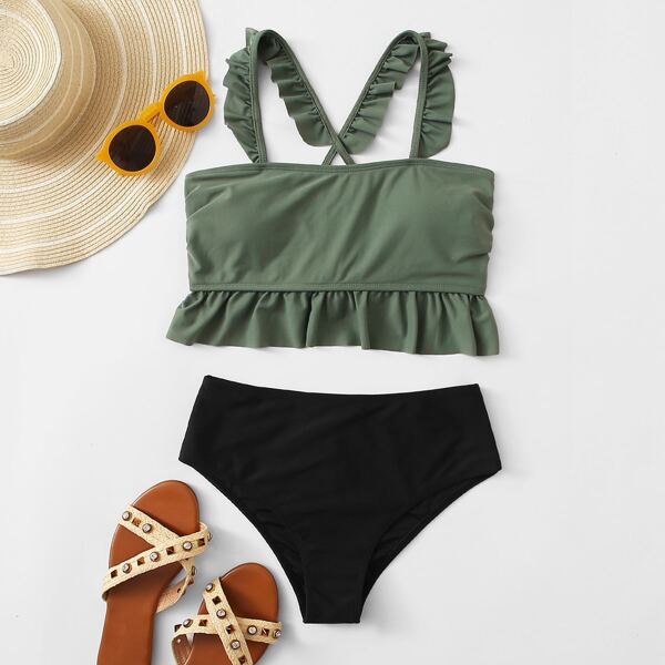 

Lace-up Ruffle Trim Bikini Swimsuit, Multicolor