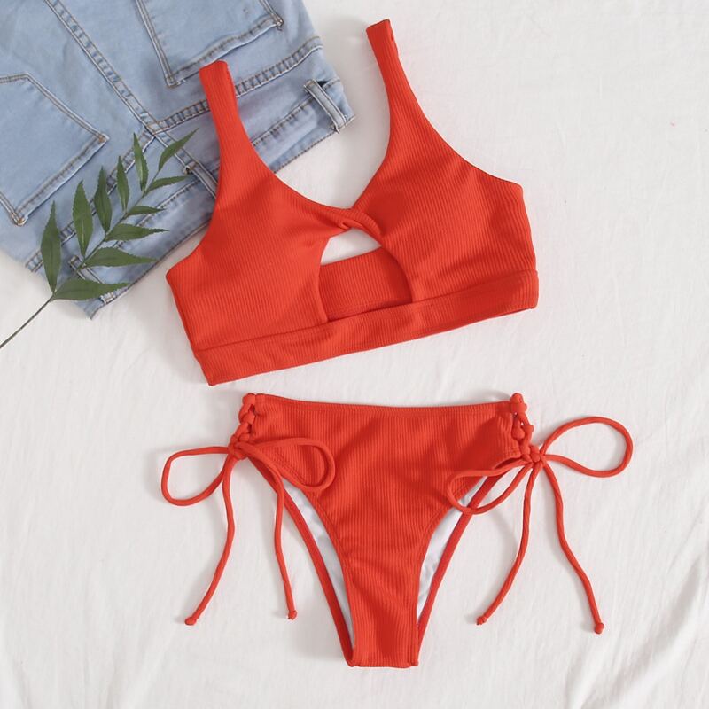 

Rib Cut-out Twist Tie Side Bikini Swimsuit, Red bright