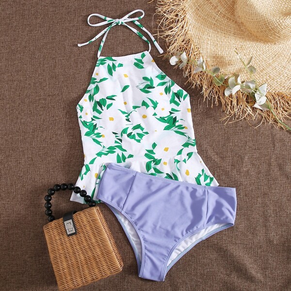 

Floral Ruffle Hem Halter Bikini Swimsuit, Multicolor