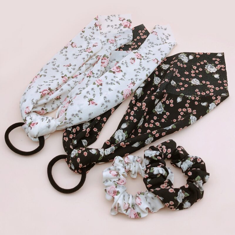

4pcs Floral Pattern Hair Tie, Black and white