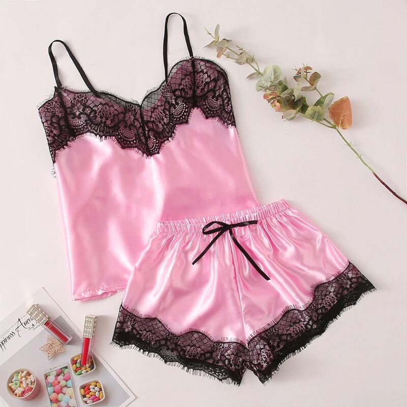 

Lace Trim Satin PJ Set, Pink