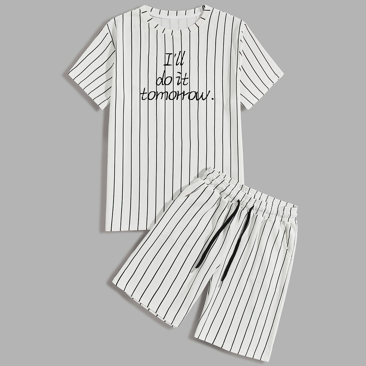

Guys Vertical Striped & Slogan Graphic Tee & Track Shorts, White