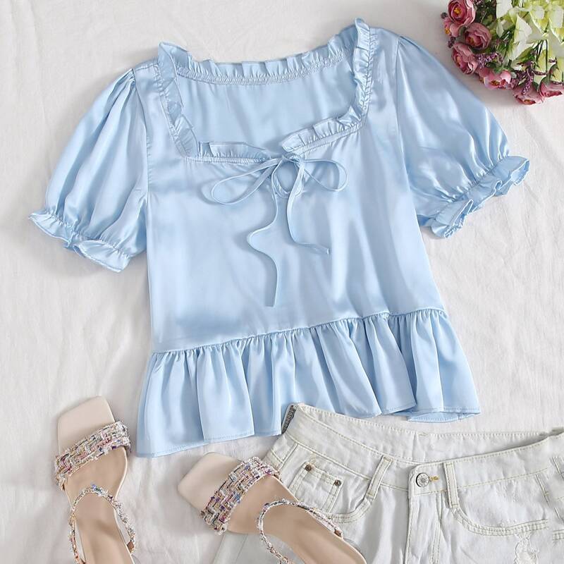 

Frill Trim Tie Front Blue Blouse