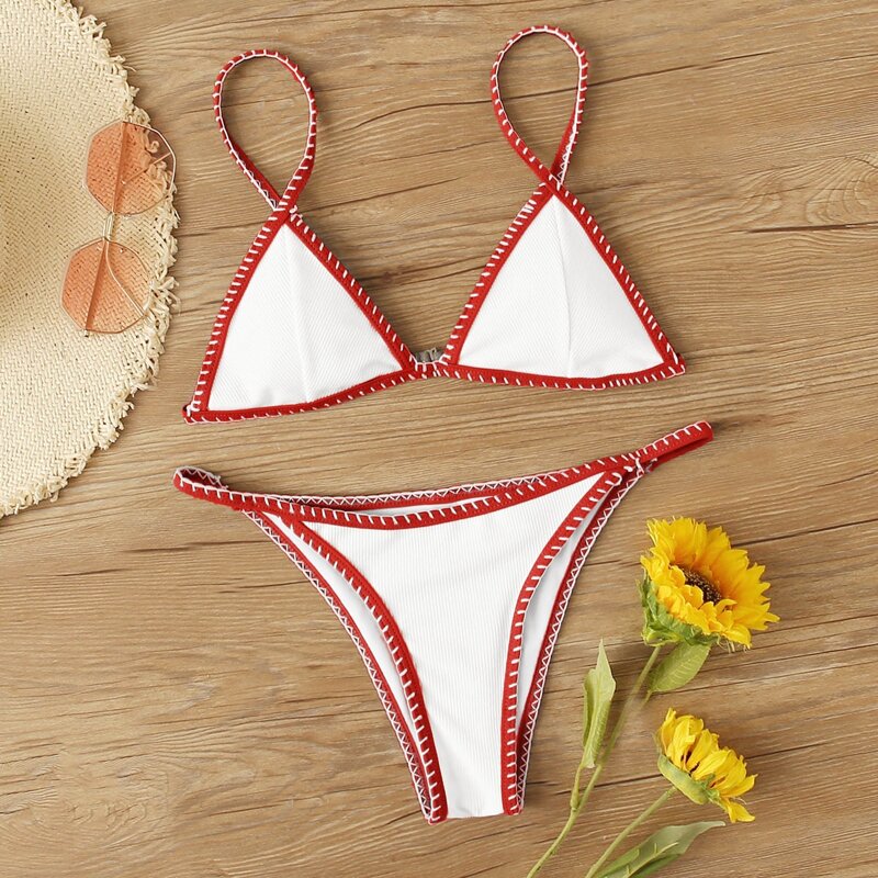 

Rib Whip Stitch Triangle Tanga Bikini Swimsuit, White