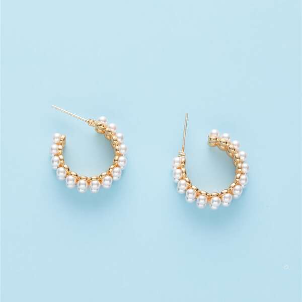 

Faux Pearl Hoop Earrings, Gold