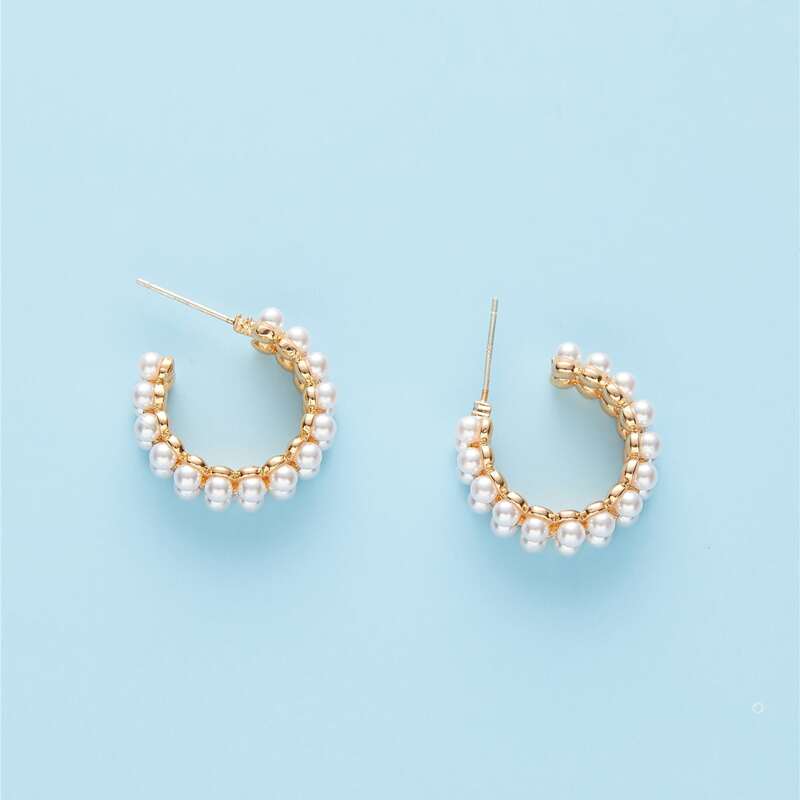 

Faux Pearl Hoop Earrings, Gold