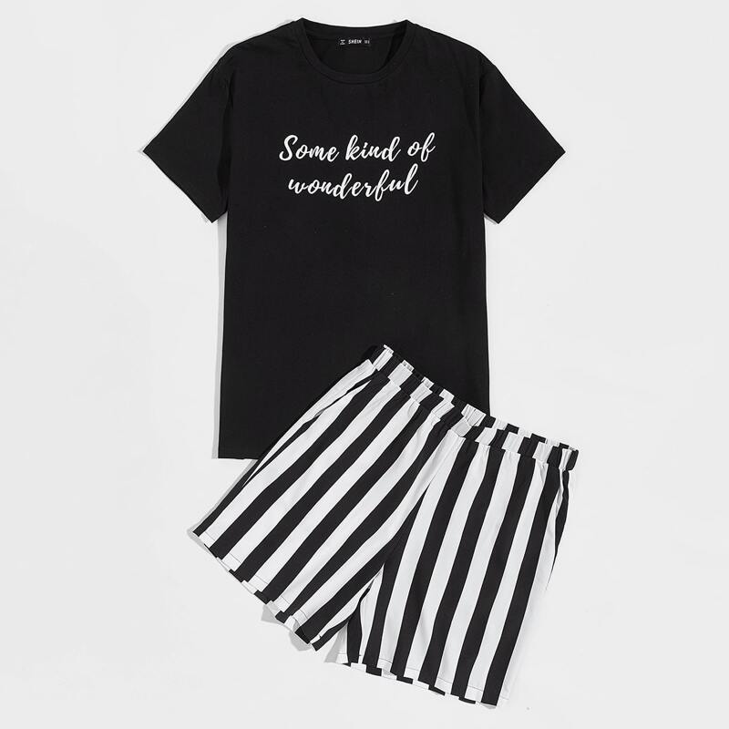 

Guys Slogan Graphic Tee and Two Tone Striped Shorts PJ Set, Black and white
