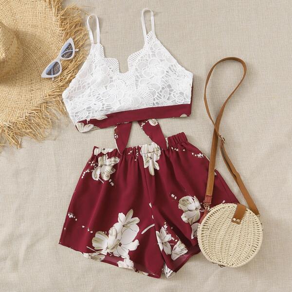 

Plus Guipure Lace Tie Back Cami Top With Floral Shorts, Multicolor