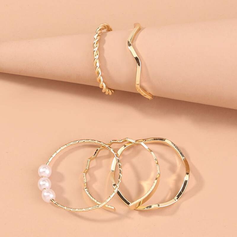 

5pcs Faux Pearl Ring, Gold