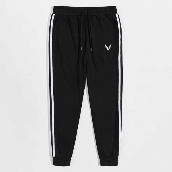 

Men Graphic Embroidered Striped Side Joggers, Black