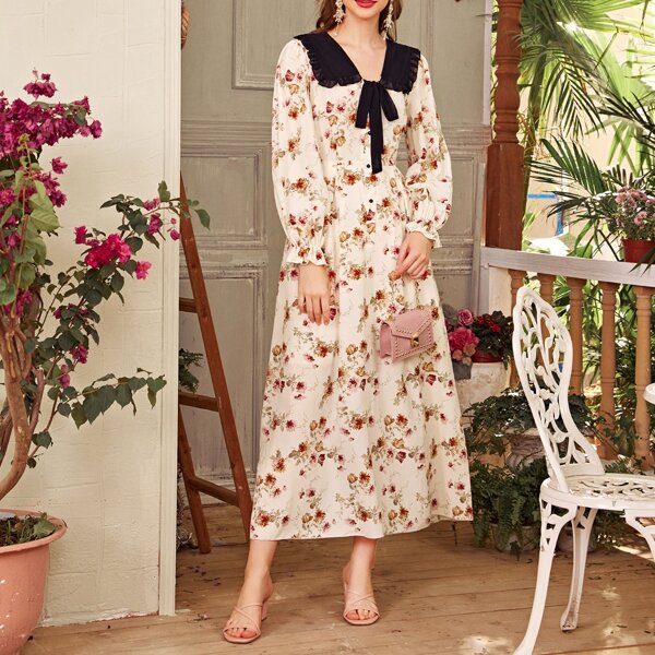 

Floral Print Contrast Collar Tie Front Dress, Apricot