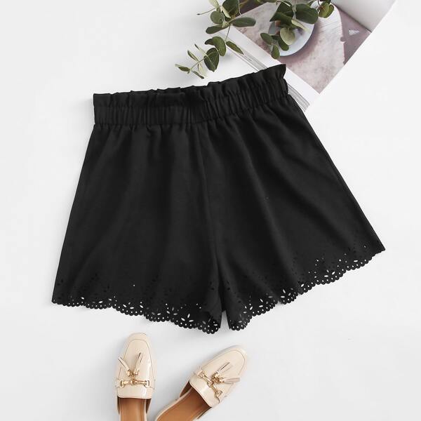 

Plus Ruffle Elastic Waist Laser Cut Hem Shorts, Black