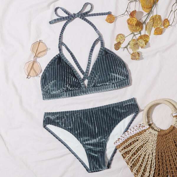 

Velvet Rib Harness Halter Bikini Swimsuit, Grey
