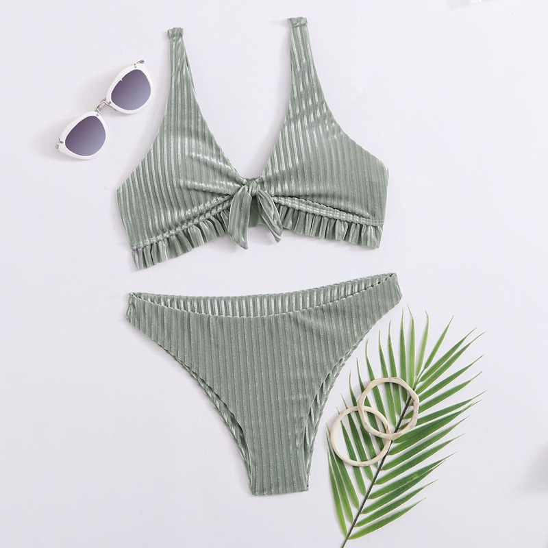 

Velvet Rib Ruffle Knot Front Bikini Swimsuit, Grey