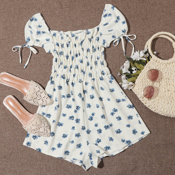 

Knot Cuff Ruched Bodice Floral Romper, White