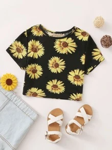 SHEIN Girls Sunflower Print Crop Tee - Black - View 1