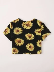 SHEIN Girls Sunflower Print Crop Tee - Black - View 2