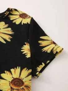 SHEIN Girls Sunflower Print Crop Tee - Black - View 3