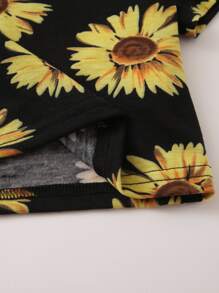 SHEIN Girls Sunflower Print Crop Tee - Black - View 4