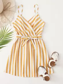 SHEIN Tween Girl Surplice Neck Self Belted Two Tone Striped Cami Dress - Yellow - View 1