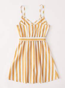 SHEIN Tween Girl Surplice Neck Self Belted Two Tone Striped Cami Dress - Yellow - View 2