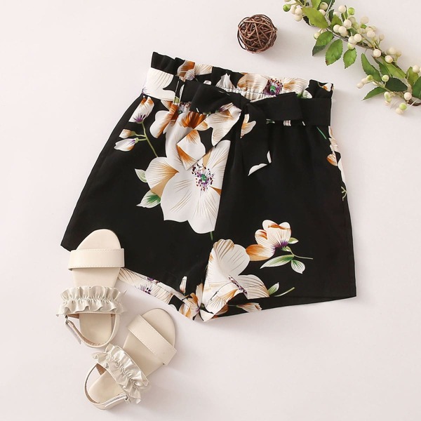 

Girls Paperbag Waist Self Belted Floral Shorts, Black