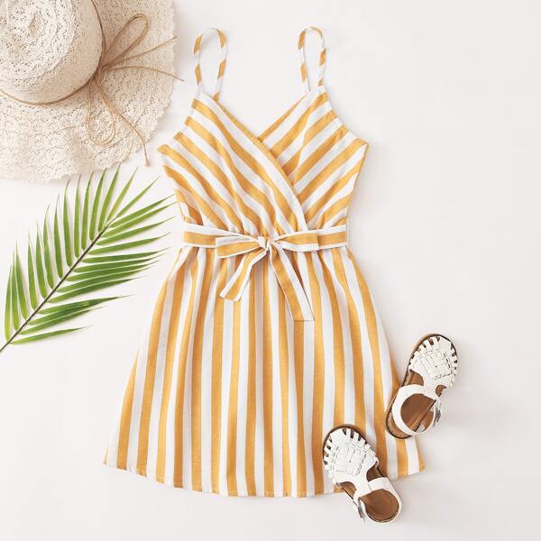 

Girls Surplice Neck Self Belted Two Tone Striped Cami Dress, Yellow