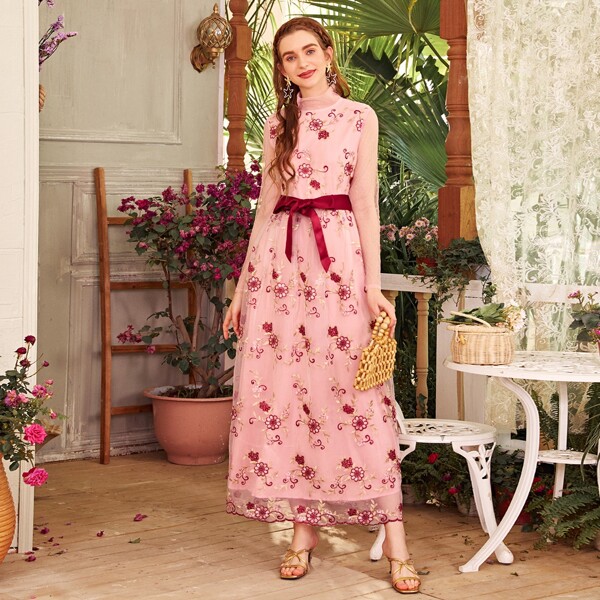 

Floral Embroidered Mesh Belted Dress, Coral pink