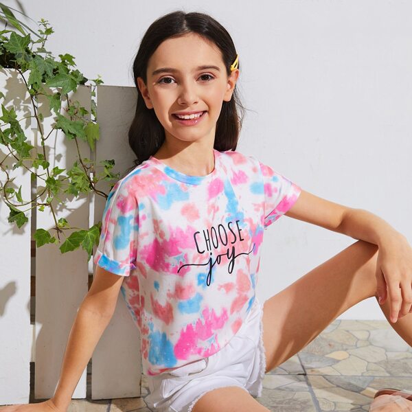 

Girls Letter Graphic Tie Dye Cuffed Tee, Multicolor