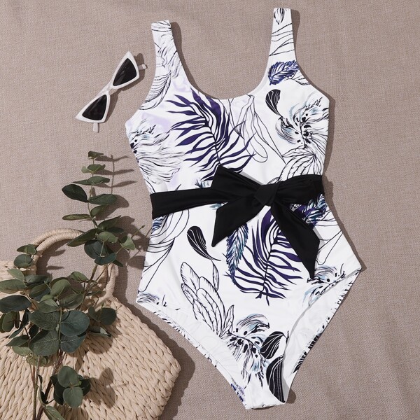 

Plant Print Belted One Piece Swimsuit, White