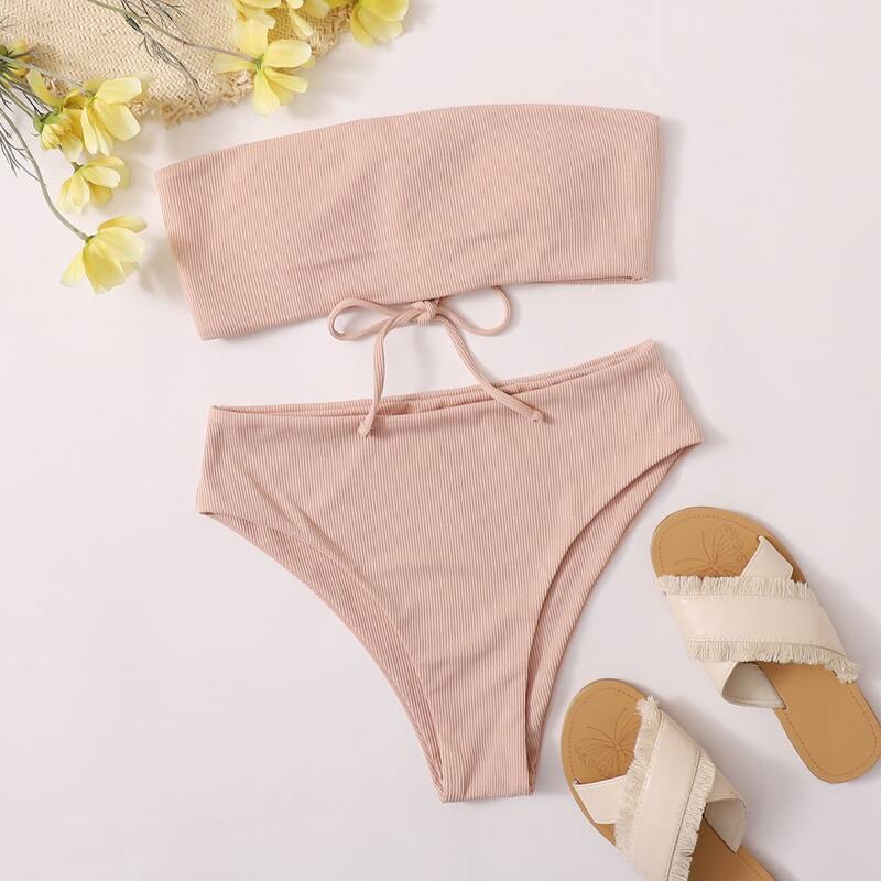 

Rib Lace-up Back Bandeau Bikini Swimsuit, Dusty pink
