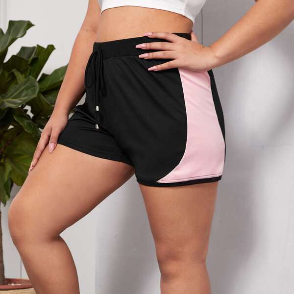 

Plus Color-block Drawstring Waist Track Shorts, Black