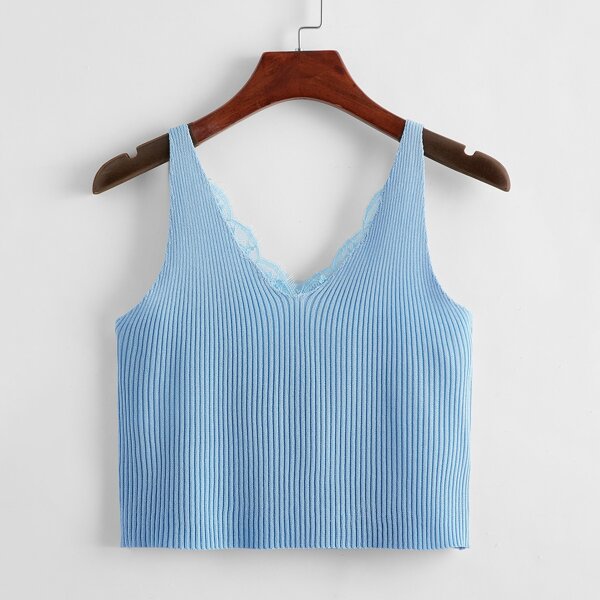 

Lace Trim Crop Tank Top, Blue