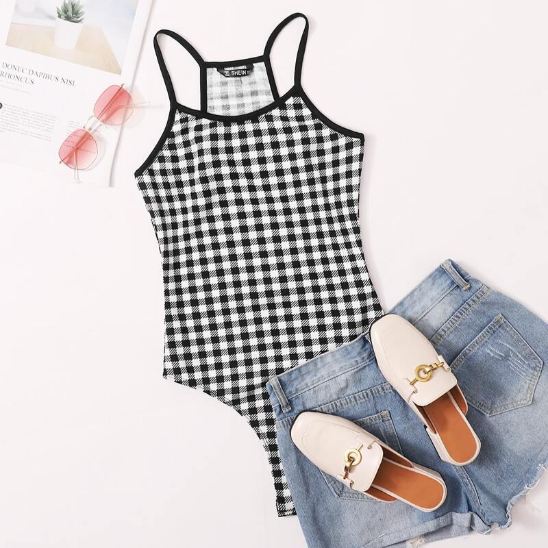 

Buffalo Plaid Cami Bodysuit, Black and white